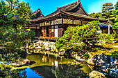 Colorful pond reflection Togu-do Hall, Ginkaku-ji Temple, Kyoto, Japan. Also known as Jisho-ji.