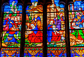 Nativity Virgin Mary, Joseph, Baby Jesus stained glass, Eglise Saint-Bonaventure, Lyon, France.
