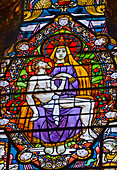 Pieta Virgin Mary Crucified Jesus stained glass, Basilica of Notre Dame de Fourviere, Lyon, France.