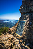 Mount Tam summit plaque and San Francisco Bay, Mount Tamalpais State Park, California, USA