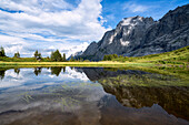 Wellhorn mountain reflected in the alpine lake at Grosse Scheidegg Pass, Grindelwald, Bernese Alps, Canton of Bern, Switzerland