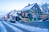 View of colourful buildings in the city centre at dusk in winter, Reykjavik, Iceland