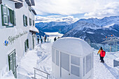 View of snow covered Aosta Valley from refuge cabin at Pavillon du Mont Frety in winter, Courmayeur, Aosta Valley, Italian Alps, Italy