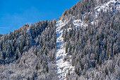View of snow covered trees, mountains and cable car from Dolonne to Plan Checrouit from Courmayeur, Courmayeur, Aosta Valley, Italian Alps, Italy