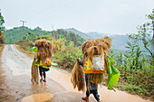 Women walking on the road to Akha tribe village in the mountains surrounding Muang La, Oudomxay Province, northwestern Laos