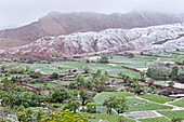 Surroundings of the village of Tighza under a thin layer of snow, Ounila River valley, Ouarzazate Province, region of Draa-Tafilalet, Morocco