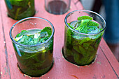 Glasses of mint tea,cafes along the Hassan II square, Tetouan, Rif mountains, Morocco