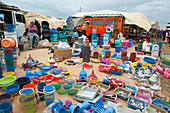 Kitchen utensils display, weekly Berber market, Khenifra province, Middle Atlas, Morocco