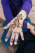 Close-up of henna tattoo on hand, Ifrane, Middle Atlas, Morocco
