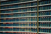 Close-up of small, blue Buddha statues neatly arranged on shelves, symbolizing serenity and devotion at Sanzen-in Temple, Kyoto, Honshu, Japan