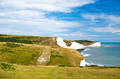 Seven Sisters cliffs, towards Birling Gap and Belle Tout (Belle Toute) Lighthouse, South Downs National Park, East Sussex, England, United Kingdom