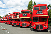 Routemaster buses parade at the 70th anniversary of the first Routemaster bus, RM1, London, England, United Kingdom