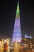 Laser show at night on Burj Khalifa, world's tallest tower, Downtown Burj Dubai, Dubai, United Arab Emirates