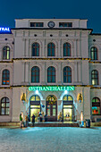 View of entrance to Ostbanehallen at dusk, Oslo, Norway, Scandinavia