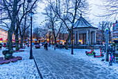 View of Christmas market during winter at dusk, Stortingsparken, Oslo, Norway, Scandinavia