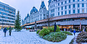View of cafes and restaurants on Victoria Terrasse during winter, Oslo, Norway, Scandinavia