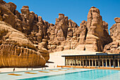 Swimming pool, Our Habitas AlUla, sustainable desert  luxury resort in ancient oasis in canyons of the Ashar Valley, Medina Province, Saudi Arabia
