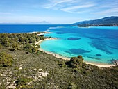 Diaporos island with wild beaches and turquoise water, drone aerial view, Chalkidiki, Greece