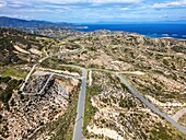Drone aerial view of Kriaritsi project area with abandoned roads in the south of Greece, Sithonia, Chalkidiki, Greece