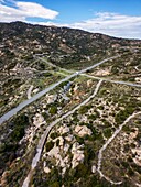 Drone aerial view of Kriaritsi project area with abandoned roads in the south of Greece, Sithonia, Chalkidiki, Greece