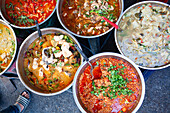 Top view  of Thai Curry, Tamarind, Tom Yam, Shrimp, Pork, Pad Thai, street food, Thailand