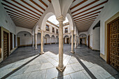 Elegant courtyard showcasing columns and arches of Fernandez Palace in Cordoba, Andalusia