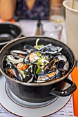 Freshly prepared moules à la crème served in a cozy restaurant setting in Montpellier.
