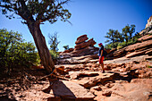 Junge kaukasische Frau auf dem Canyon Overlook Trail im Zion National Park, Utah
