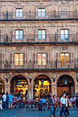 Salamanca, Spain, Aug 18 2018, Architectural view of Plaza Mayor in Salamanca, Spain, featuring arched facades and balconies.