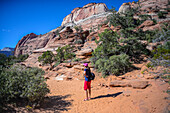Junge kaukasische Frau auf dem Canyon Overlook Trail im Zion National Park, Utah