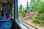 Oslo, Norway, Aug 10 2017, Passengers relax on a suburban train in Oslo while scenic greenery and rocky landscapes pass by the window on a cloudy day.