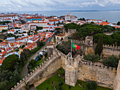 Aerial view of Sao Jorge Castle, known in English as Saint George's Castle, historic castle in the Portuguese capital of Lisbon