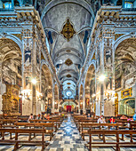 Seville, Spain, May 15 2022, View of Iglesia de la Magdalena interior highlighting detailed Baroque architecture and decorations.