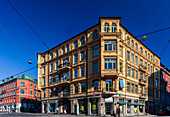Oslo, Norway, Aug 10 2017, Old yellow building on Bogstadveien Street showcases classic architecture by Olaf Boye from the year 1900 under a clear blue sky.