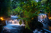 Heiße Quellen aus dem Arenal Vocano im Tabacón Grand Spa, Costa Rica. Ein Besucher genießt einen der warmen Bäche, die durch das Tabacon Hot Spring Resort and Spa in Costa Rica fließen