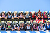 Seville, Spain, Apr 29 2009, Close-up of excited riders screaming as the fairground attraction spins wildly at April's Fair. Thrilling moments at a lively festival.
