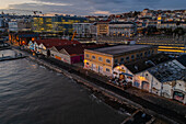 Aerial view of waterside Cais do Sodre and Titanic sur Mer at sunset, a buzzing nightlife and dining destination in Lisbon, Portugal