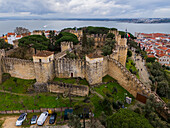 Aerial view of Sao Jorge Castle, known in English as Saint George's Castle, historic castle in the Portuguese capital of Lisbon