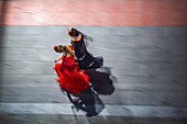 Women in colorful flamenco dresses glide through the streets of Seville, blending culture and energy during the Feria celebration.
