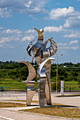 A stainless steel modern art sculpture at the Unico Madre de Ciudades Stadium in Santiago del Estero, Argentina.