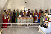 Wooden statues in the tower museum in the Church of Our Lady of Chiquinquirá in El Peñol in Colombia.