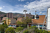 Cable cars at San Javier Station on the Medellin Metrocable system in Medellin, Colombia.
