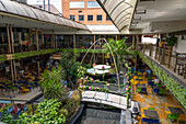 A planted open-air atrium in the food court of a shopping mall in downtown Medellin, Colombia.