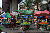 Fresh fruit for sale in an open street market under the Metro rail line in Medellin, Colombia.