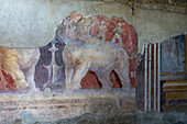 Fresco of elephants in the House of the Lararium of Achilles, Building I.6.4, in the ancient Roman ruins of Pompeii, Italy.