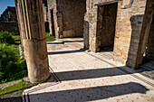 Mosaikfliesenboden im Atrium des Hauses des Tryptolemus, Gebäude VII.7.2, in den antiken römischen Ruinen von Pompeji, Italien.