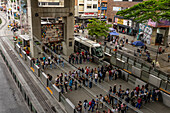 Passengers line up for trams on Line T at San Antonio Station of the Medellin Metro, Medellin, Colombia.