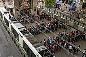 Passengers line up for trams on Line T at San Antonio Station of the Medellin Metro, Medellin, Colombia.