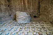 The furnace & hypocaust floor supports of the Stabian Baths, Building VII.1.8, in the ancient Roman ruins of Pompeii, Italy.