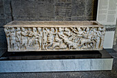 A 3rd Century marble sarcophagus in the National Archaeological Museum of Naples, Naples, Italy. Depicted is the chariot race between Pelops and King Oenomaus. Pelops wins the race and the hand in marriage of Hippodamia, daughter of Oenomaus.